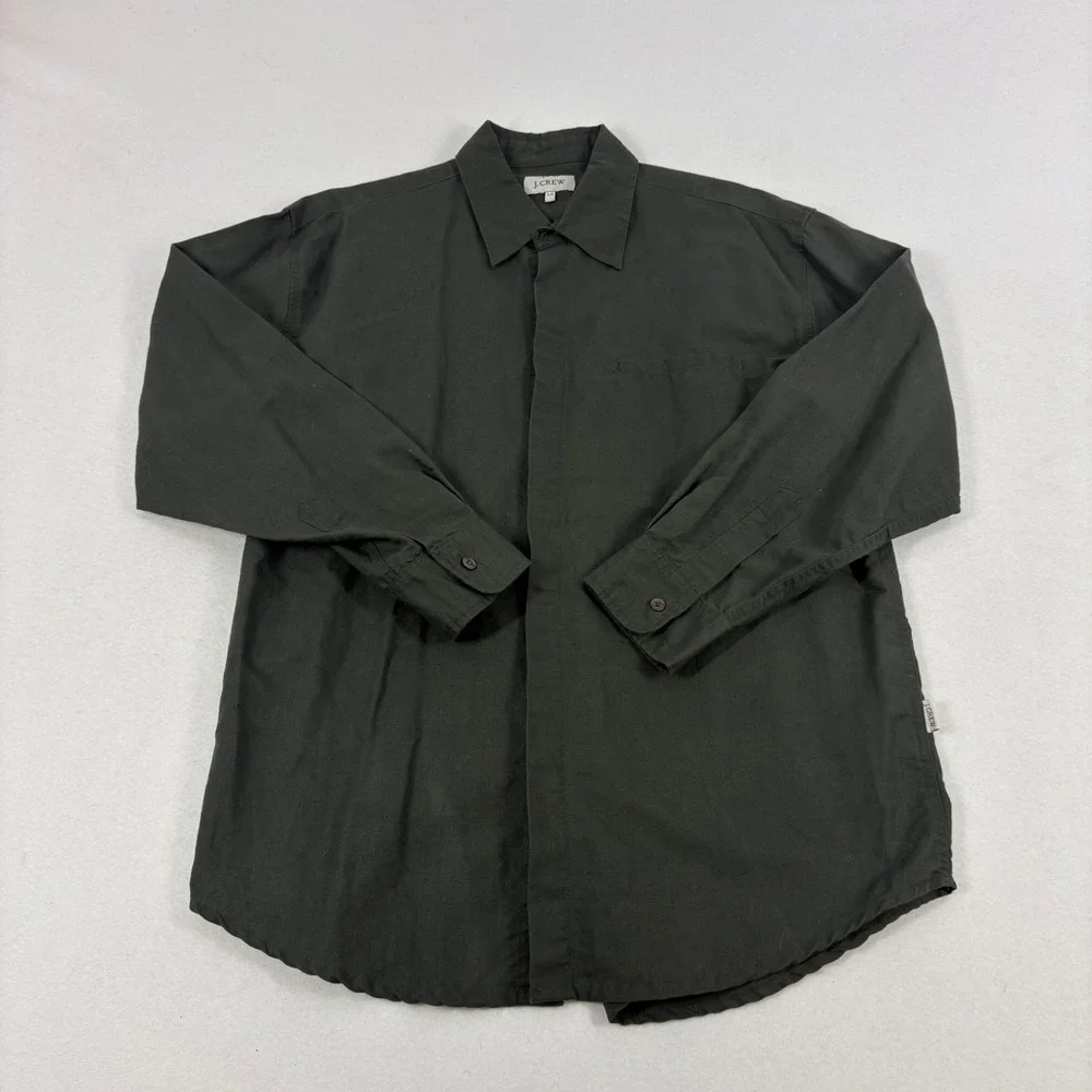 J. Crew Button Down‎ Shirt Mens L Olive Green Cabin Preppy Gorpcore Classic FLAW